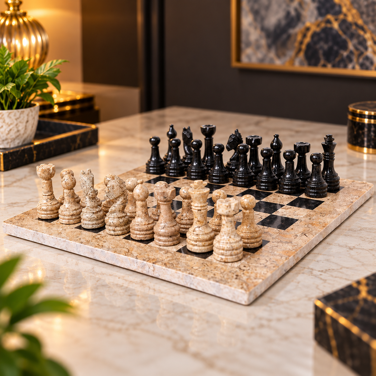 12 Inch – Classic Stone Chess Board with Marble Chess Pieces