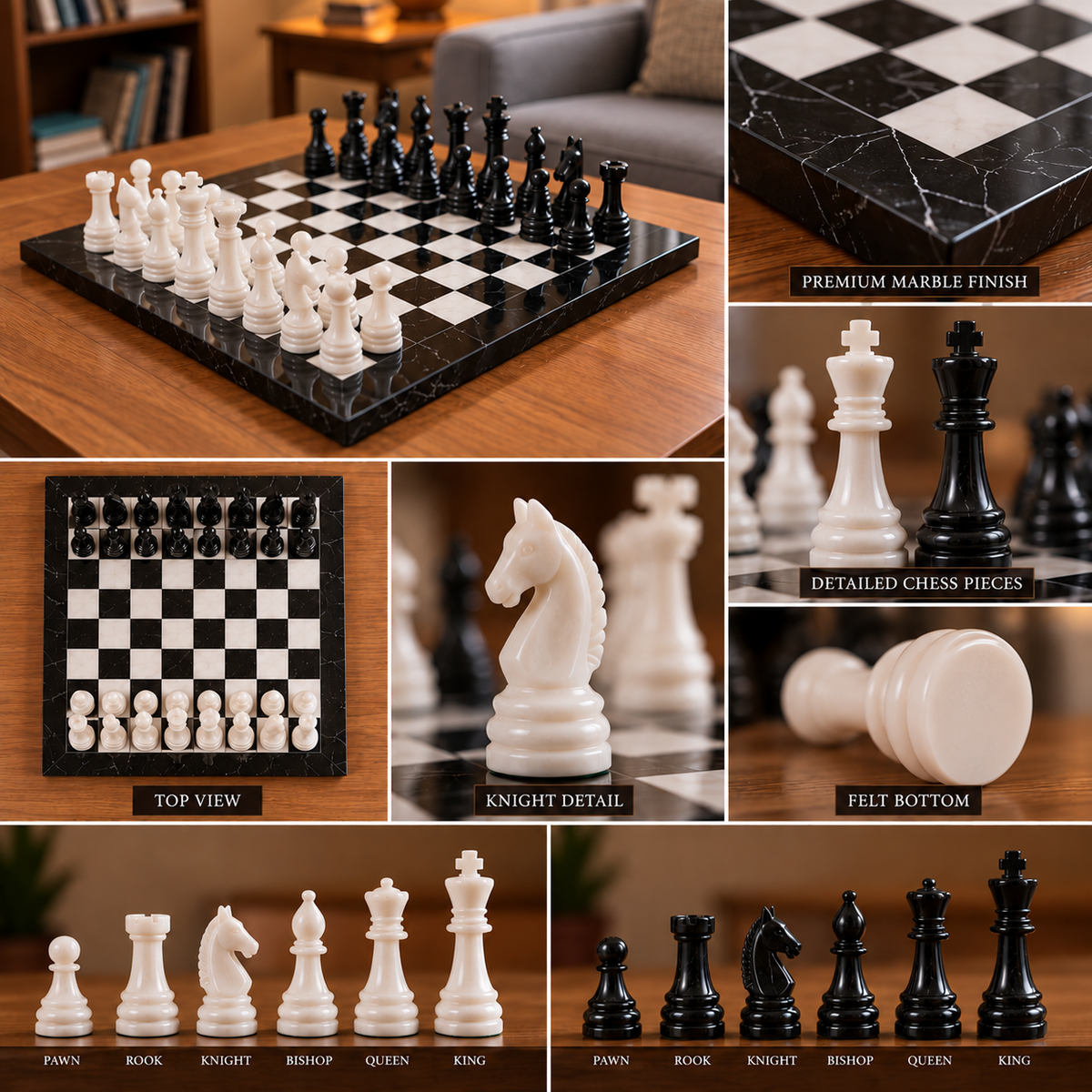 12 Inch – Black & White Classic Chess Board with Chess Pieces