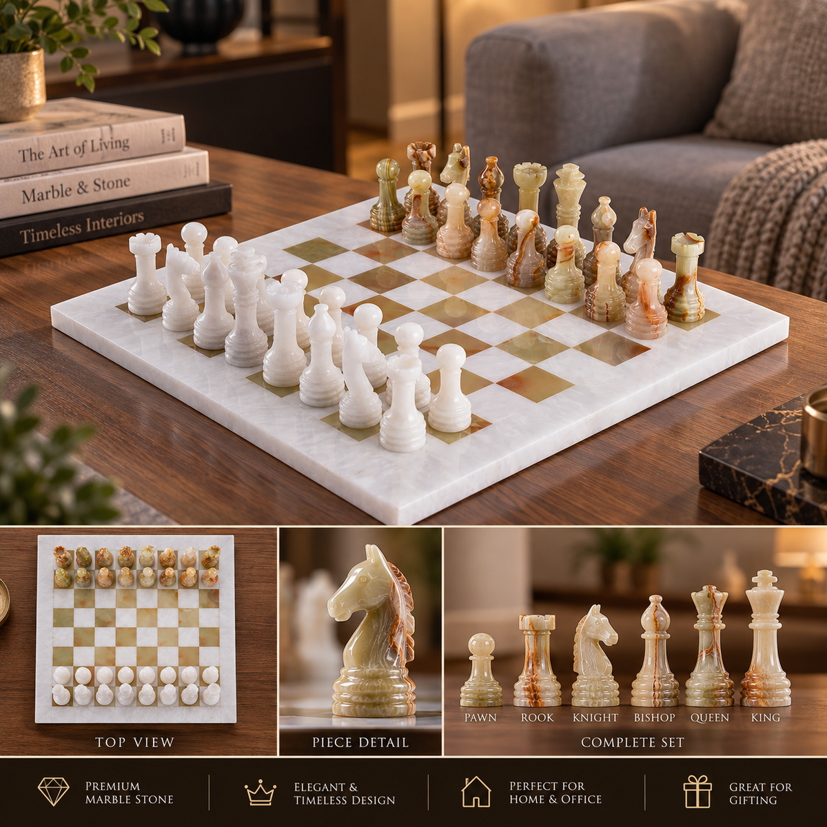 12 Inch – Luxury Marble Chess Board With Chess Pieces