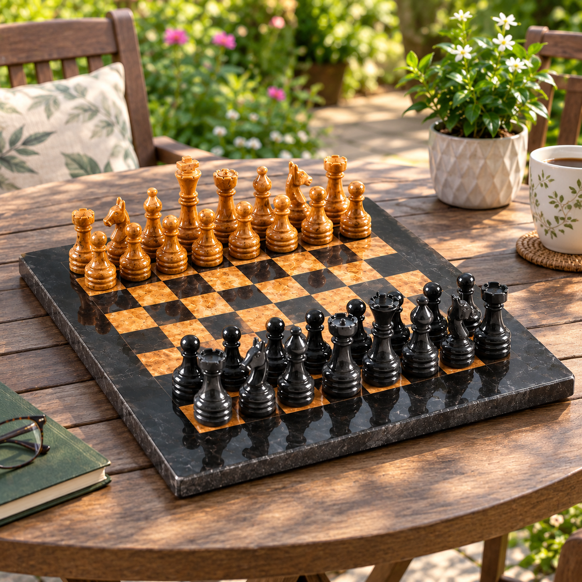15 Inch - Luxury Black & Gold Marble Chess Set