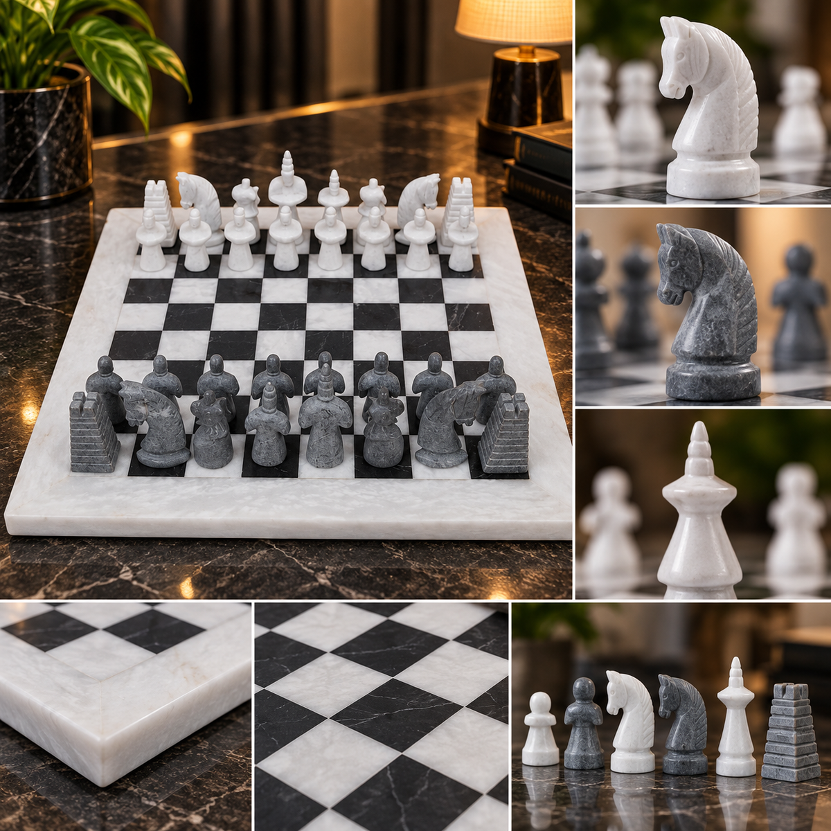 15 Inch – White & Grey Natural Stone Chess Board & Pieces