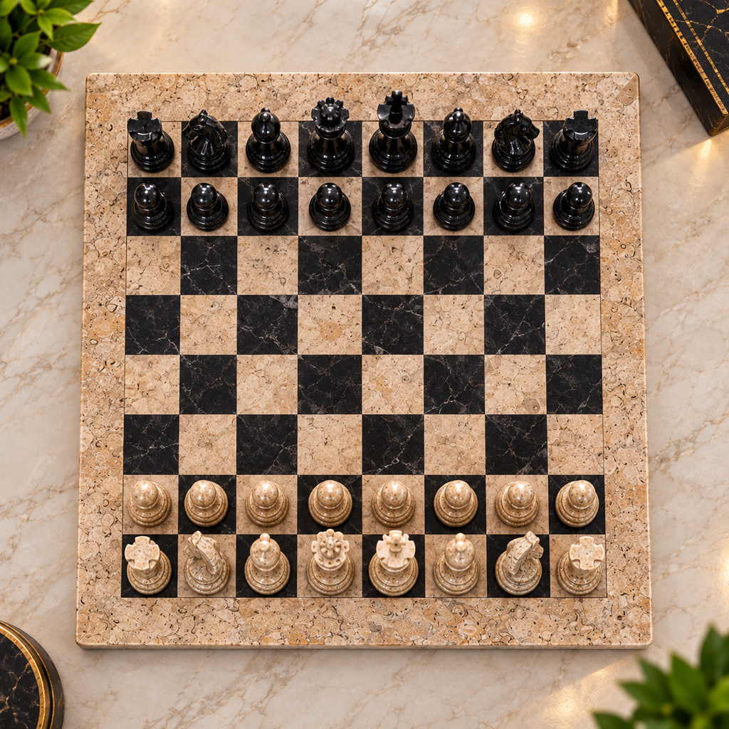 15 Inch – Classic Stone Chess Board with Marble Chess Pieces