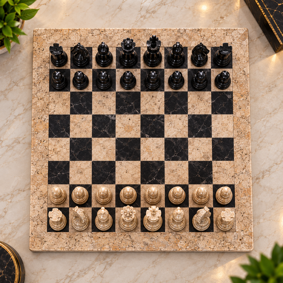 12 Inch – Classic Stone Chess Board with Marble Chess Pieces