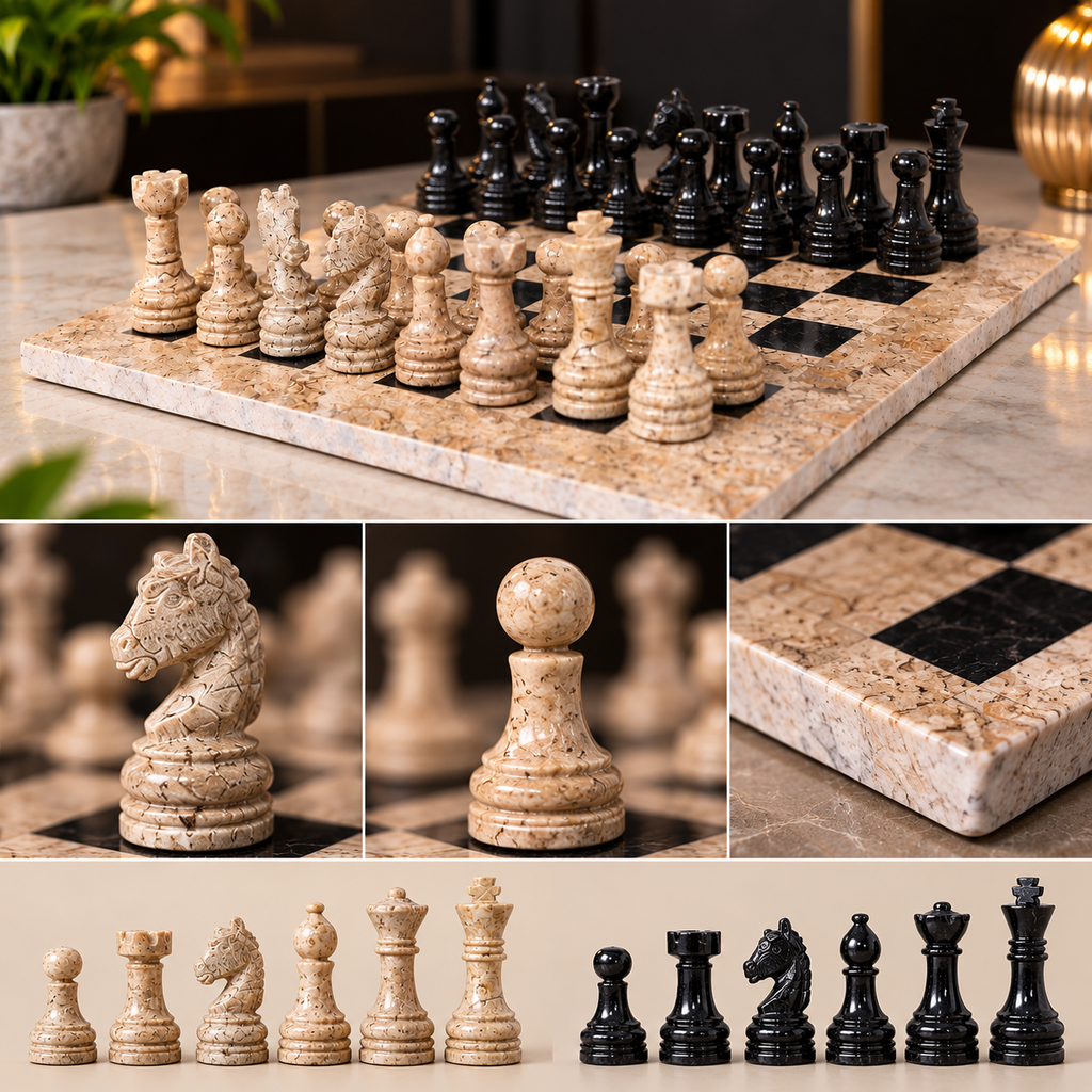 12 Inch – Classic Stone Chess Board with Marble Chess Pieces