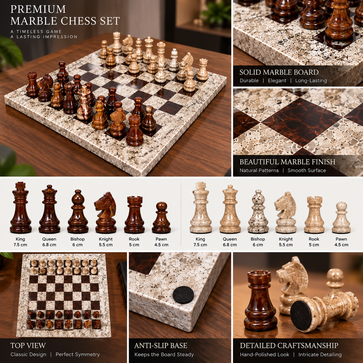15 Inch – Luxury Marble Chess Board with Classic Chess Pieces