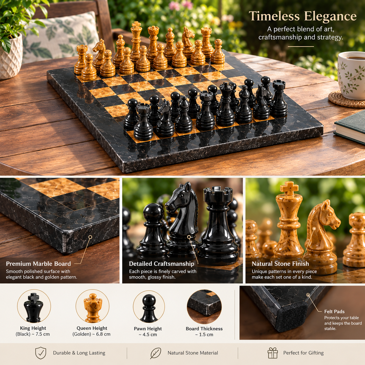 12 Inch - Luxury Black & Gold Marble Chess Set