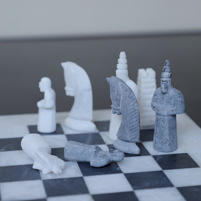 15 Inch – White & Grey Natural Stone Chess Board & Pieces